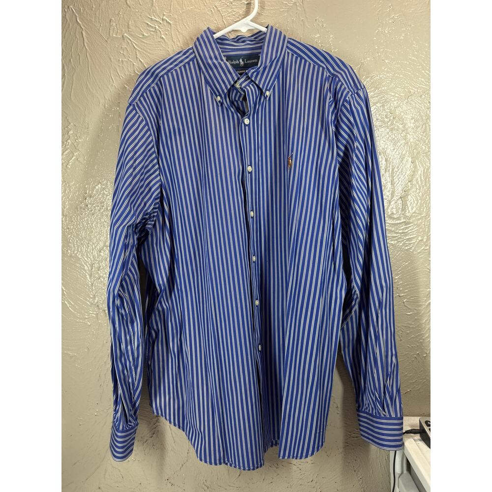Polo Ralph Lauren Shirt Men's Striped Classic Fit Dress Button Up Blue Size XL‎